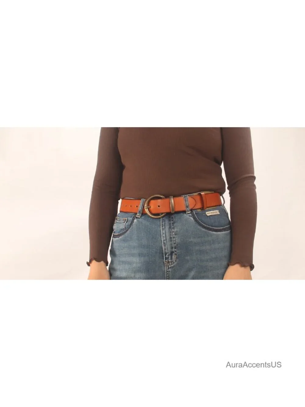 Vintage Full Grain Leather Belt with Brass Buckle, 1.5